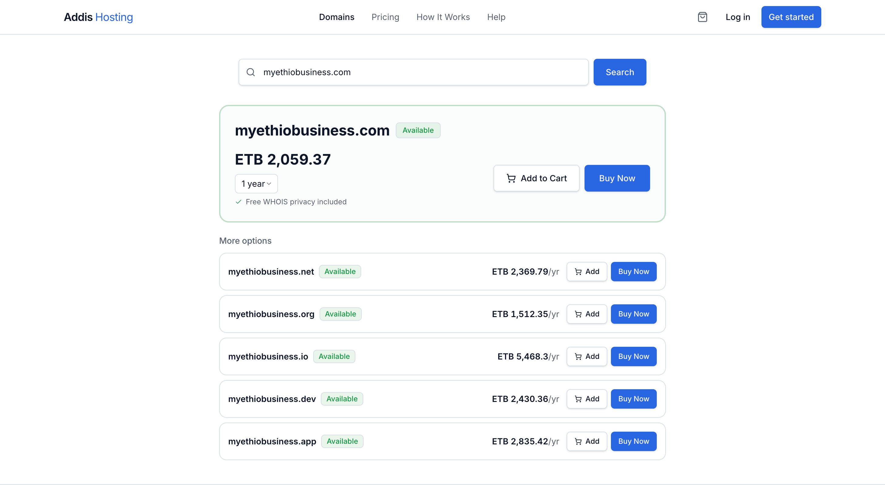 Domain search results showing available domains with prices in Ethiopian Birr
