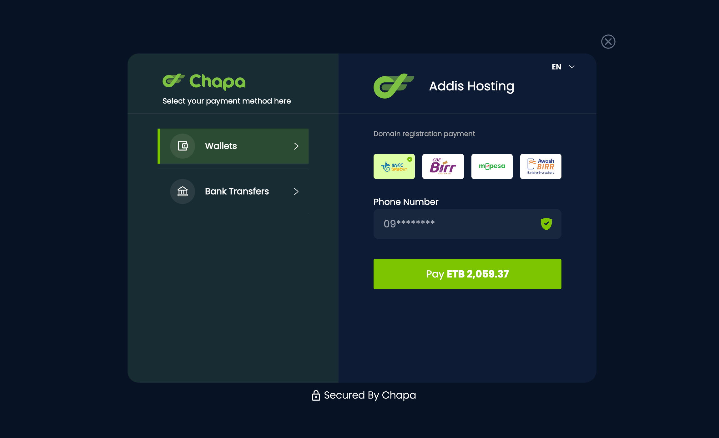 Secure checkout page with Ethiopian Birr payment